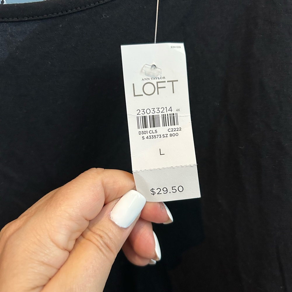 NWT LOFT Black Short Sleeve Tee. Size large. Black/white back tie with tassels. - Picture 7 of 12